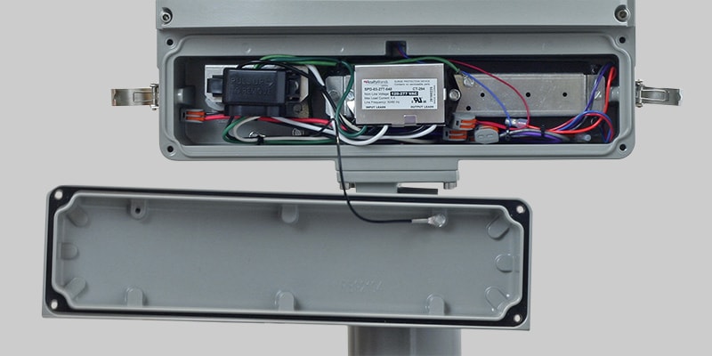 Simplified electrical component access of Predator industrial LED floodlight.